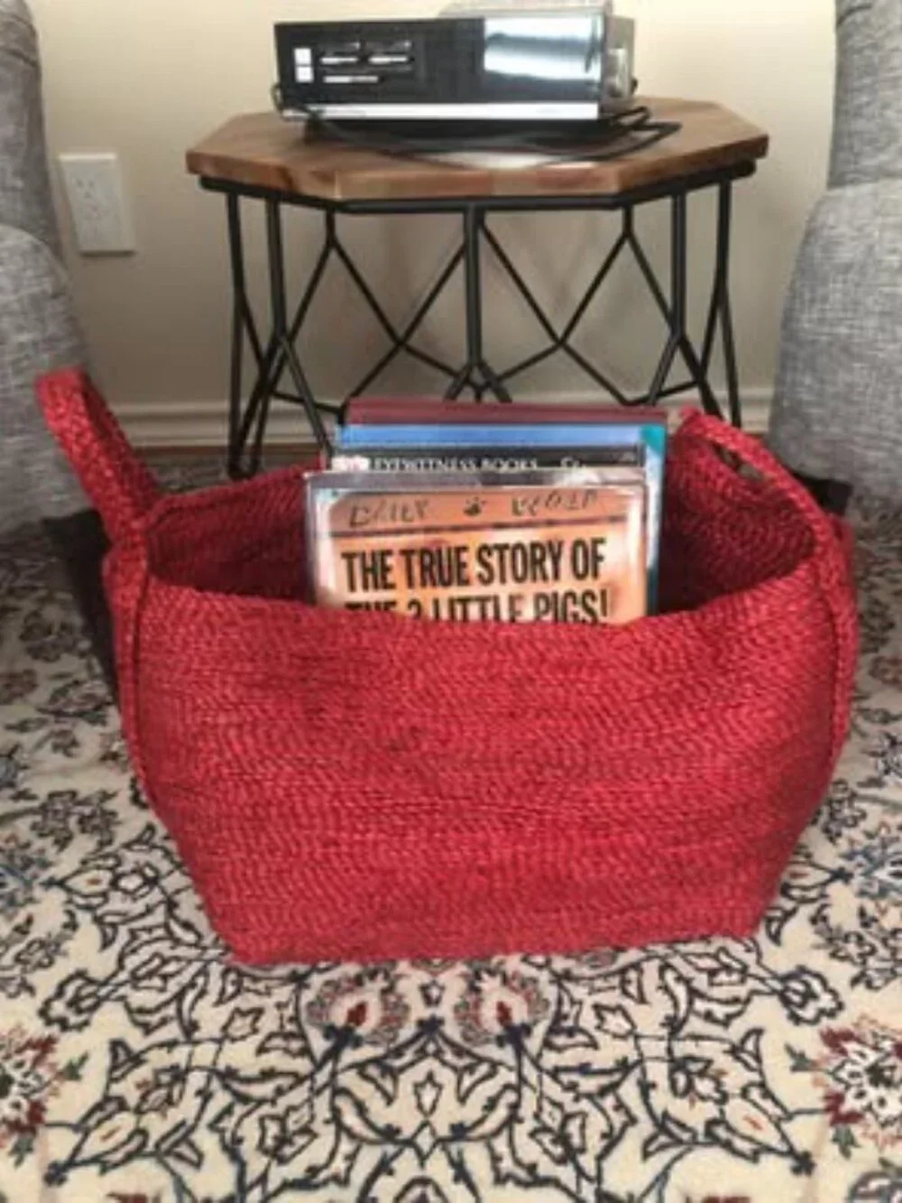Jute hand braided bag woven wide space storage tote red